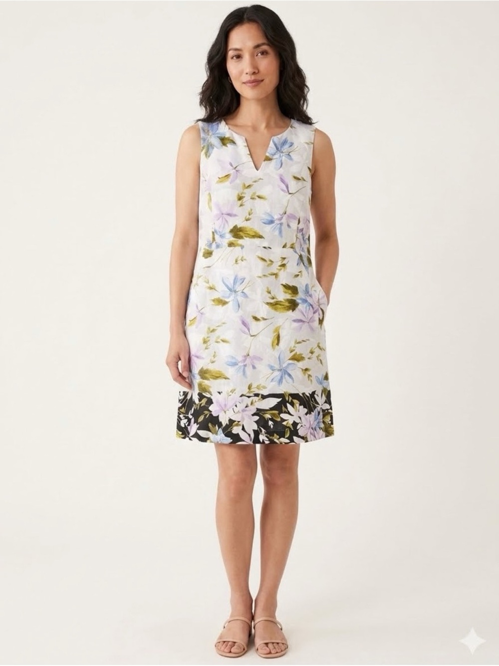 J. Jill White Floral Midi Dress with Black Floral Hem